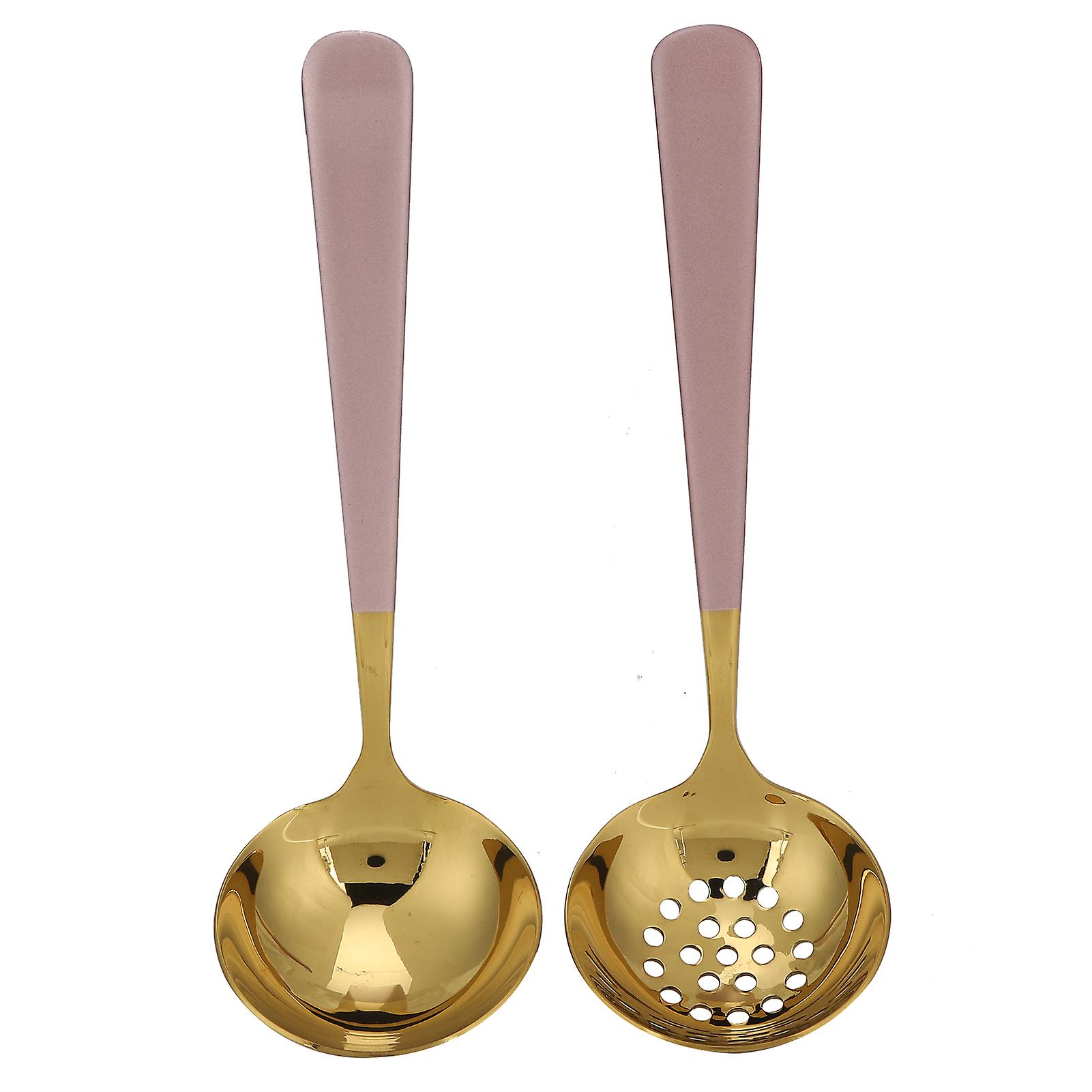 2pcs Stainless Steel Soup Spoon Slotted Spoon Skimmer Cutlery Tableware Sets Kitchen Utensilpink Gold