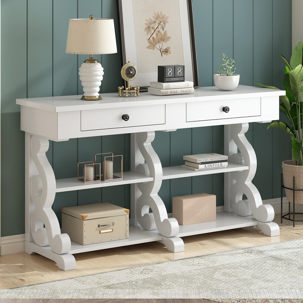 Storage Console Table with Open Shelves and Drawers for Entrance and Living Room