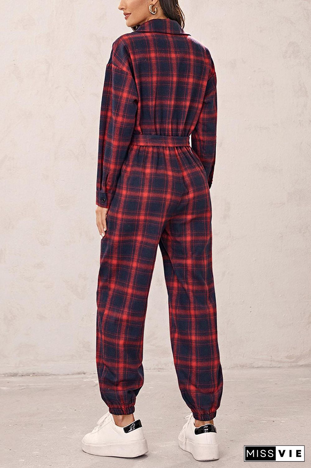 Plaid Print High Waist Long Sleeve Jumpsuit Wholesale