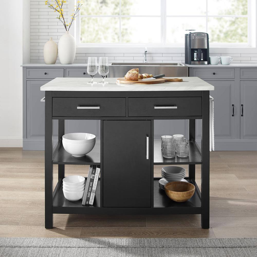 CROSLEY FURNITURE Audrey Black Kitchen Island with Faux Marble Top CF3026WM-BK