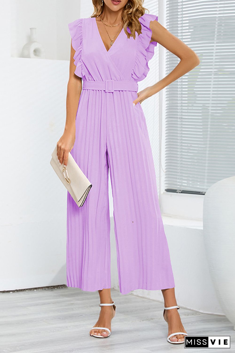 Sleeveless V Neck Ruffle Pleated Wide Leg Jumpsuit