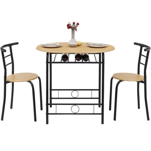 3-Piece Dining Set， Modern Wood Oval Table and 2 Chairs Set with Built-In Wine Rack