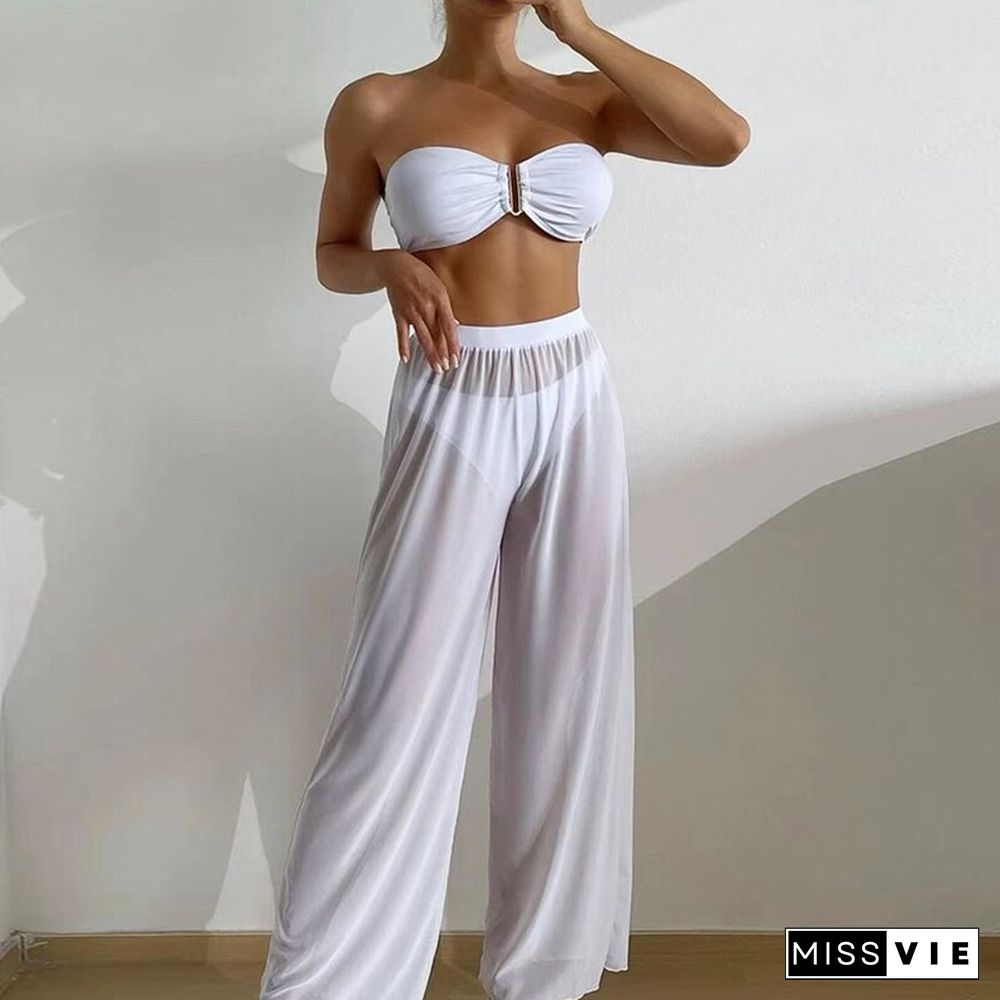 New Vacation Beachwear Bathing Set Fashion Tube Top Bikini+Mesh High Waist Wide Leg Pants Set Sexy Solid Strapless Swimwear Suit