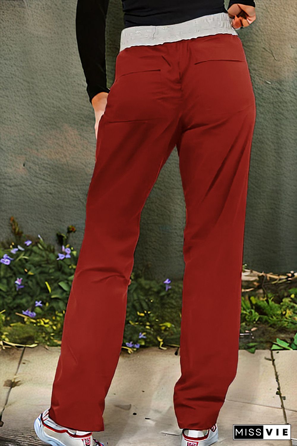 Two Tone Pocket Detail Drawstring Low Waist Straight Leg Pants