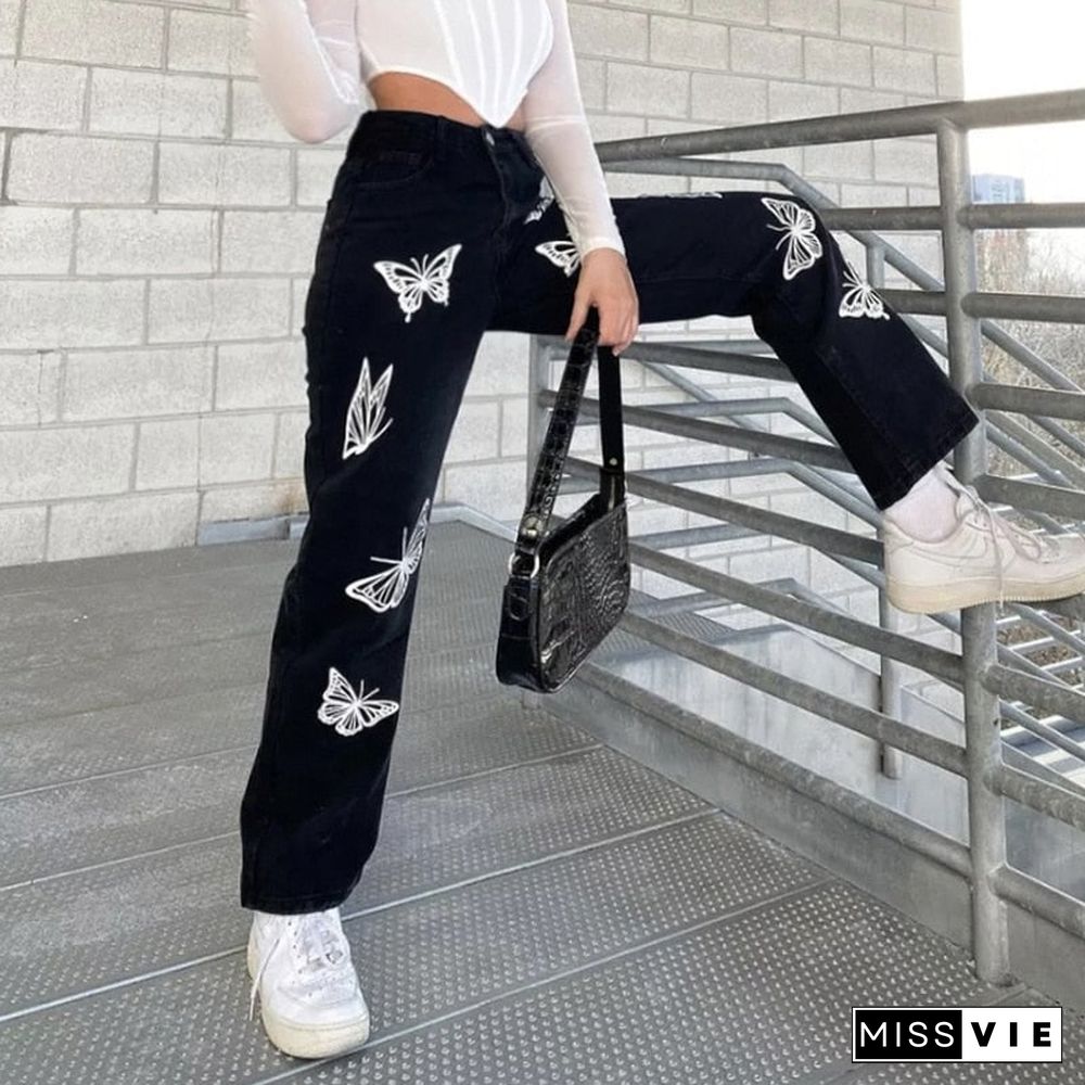 Weekeep Black Fashion Vintage Straight Jeans Butterfly Print High Waisted Women Slim Denim Pants Streetwear Trousers Cargo Pants