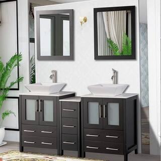 Vanity Art Ravenna 60 in. W Bathroom Vanity in Espresso with Double Basin in White Engineered Marble Top and Mirror VA3124-60E