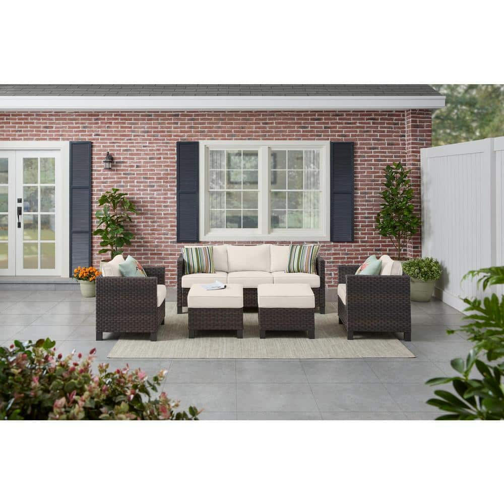 StyleWell Sharon Hill Powder Coating 5-Piece Dark Wicker Patio Conversation with Almond Biscotti Cushions DE228565758D