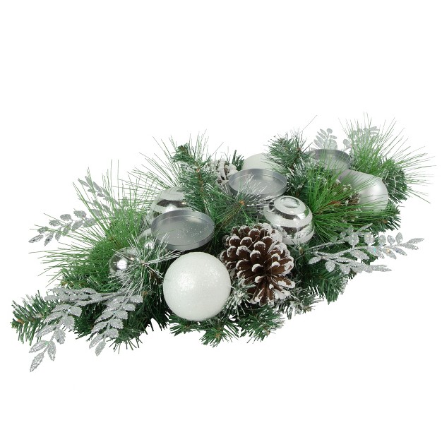 Green Pine And Needle Triple Candle Holder With Pinecones And Christmas Ornaments