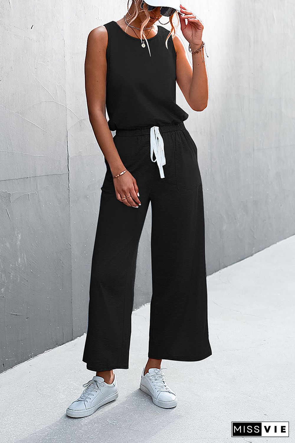 Solid Sleeveless Drawstring Waist Jumpsuit Wholesale