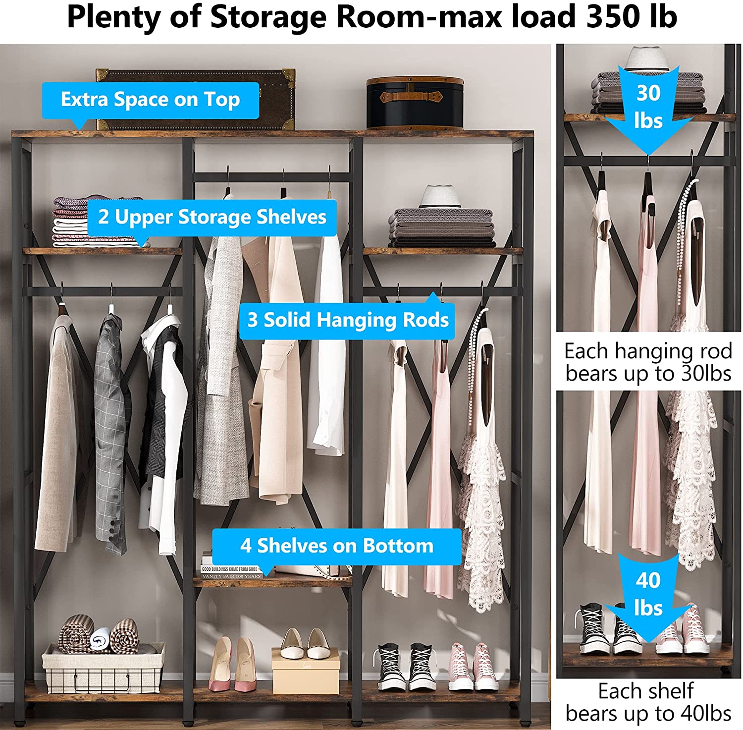 Freestanding Closet Organizer, Industrial 3 Rod Garment Rack