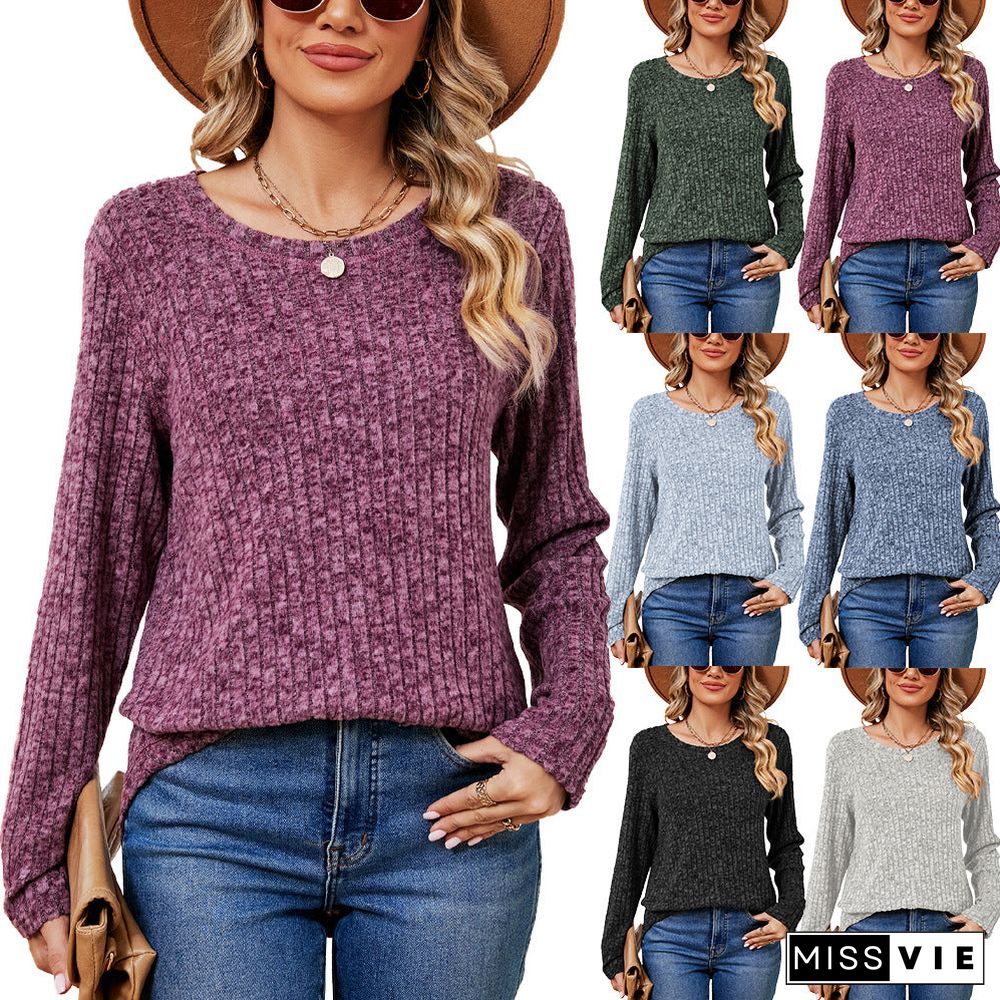 Women's Solid Color Round Neck Loose Long Sleeve Pullover Blouses