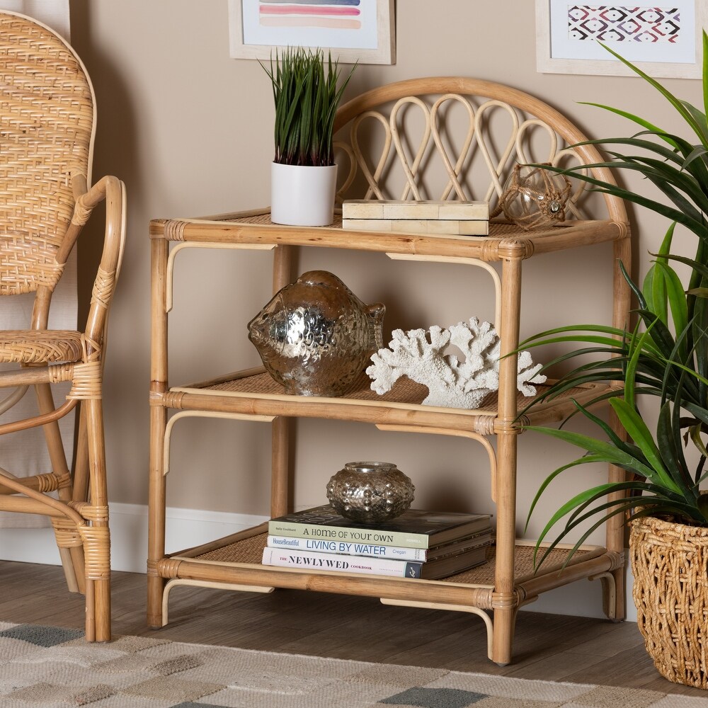 Redell Modern Bohemian Natural Brown Rattan 3 Tier Display Shelf