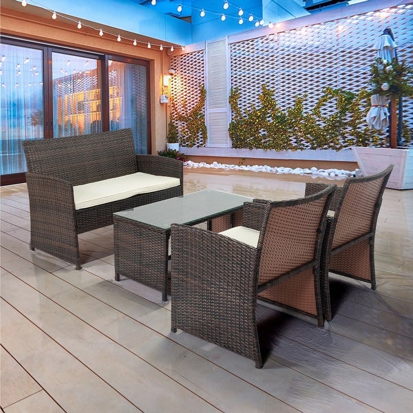 4 Piece Wicker Rattan Outdoor Sofa Set with Beige Cushions and Tempered Glass Coffee Table - Overstock - 37454179