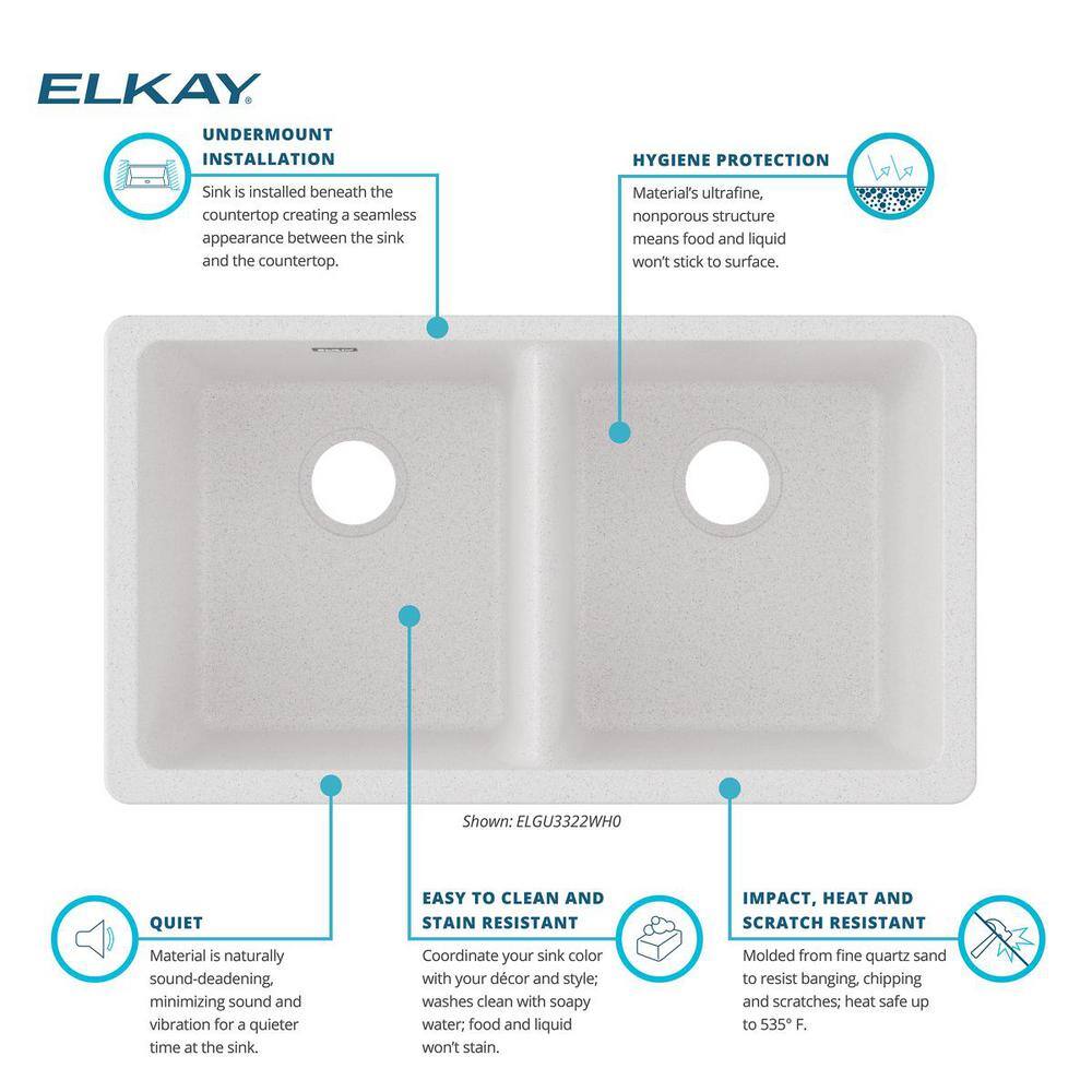 Elkay Quartz Classic White Quartz 33 in. Equal Double Bowl Undermount Kitchen Sink ELGU3322WH0