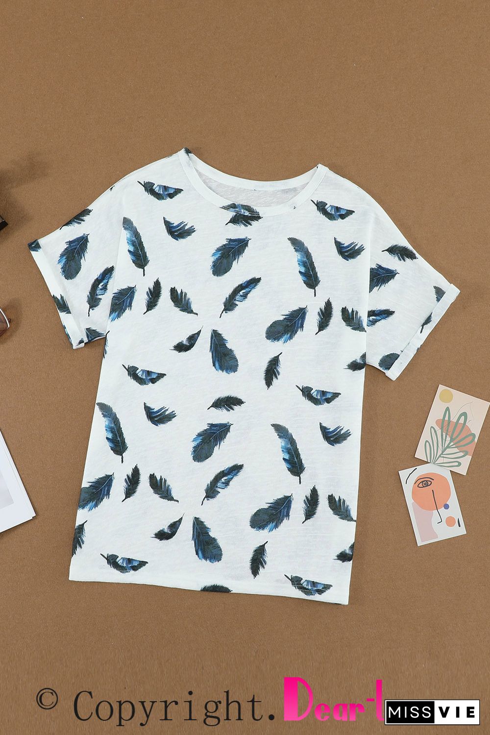 White Feather Print Short Sleeve Tee