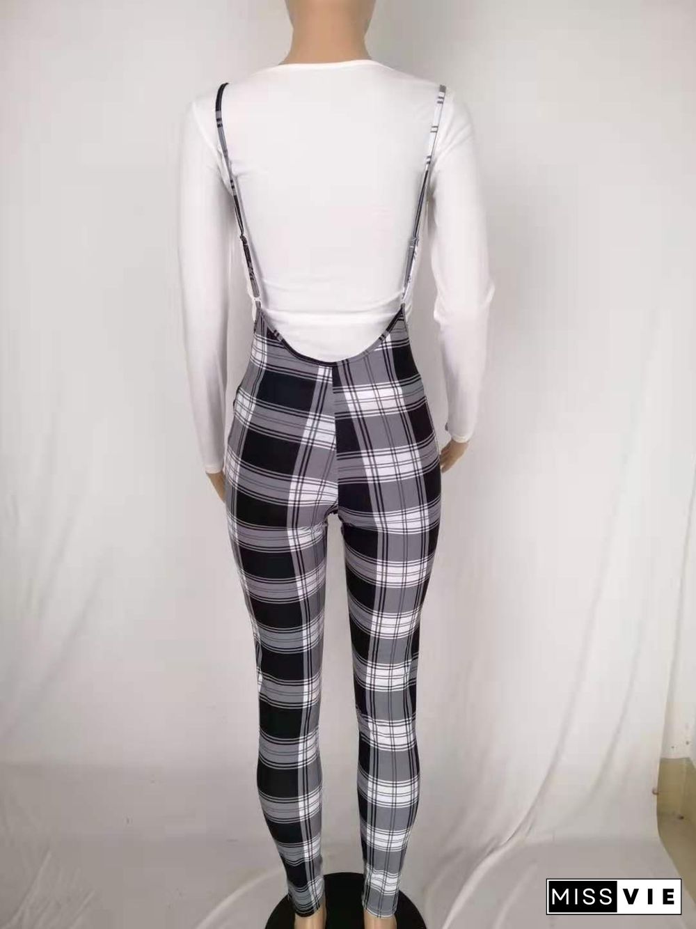 White T Shirt+Sling Plaid Jumpsuit Bodycon Matching Sets