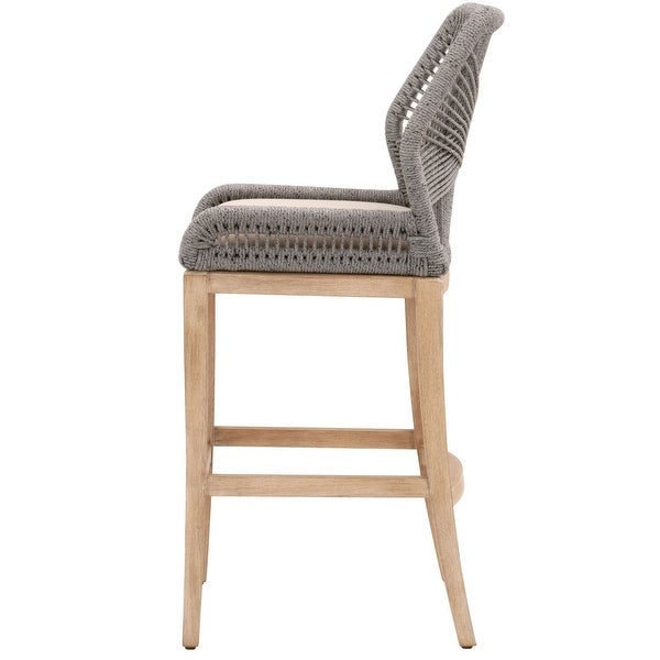 Counter Stool with Wooden Legs and Rope Back， Gray and Brown