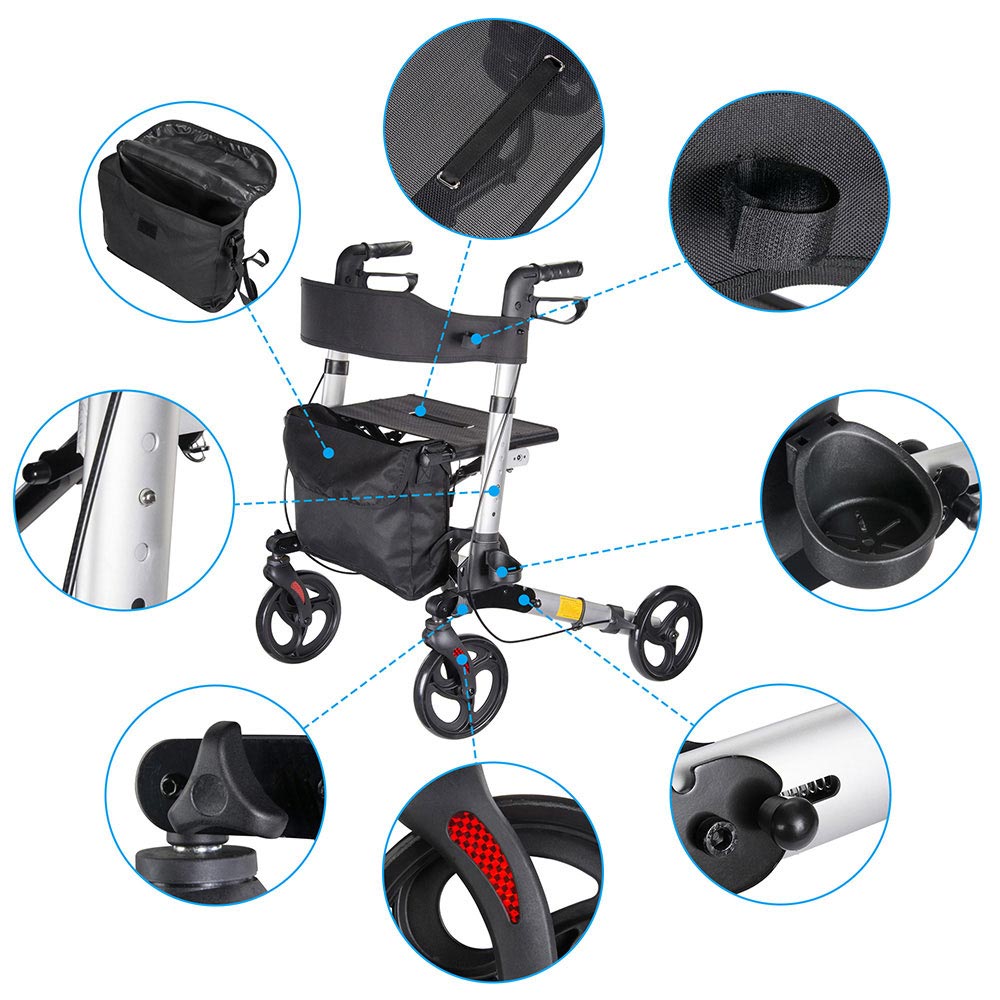 Yescom Foldable 4 Wheels Aluminum Rollator Walker w/ Brakes