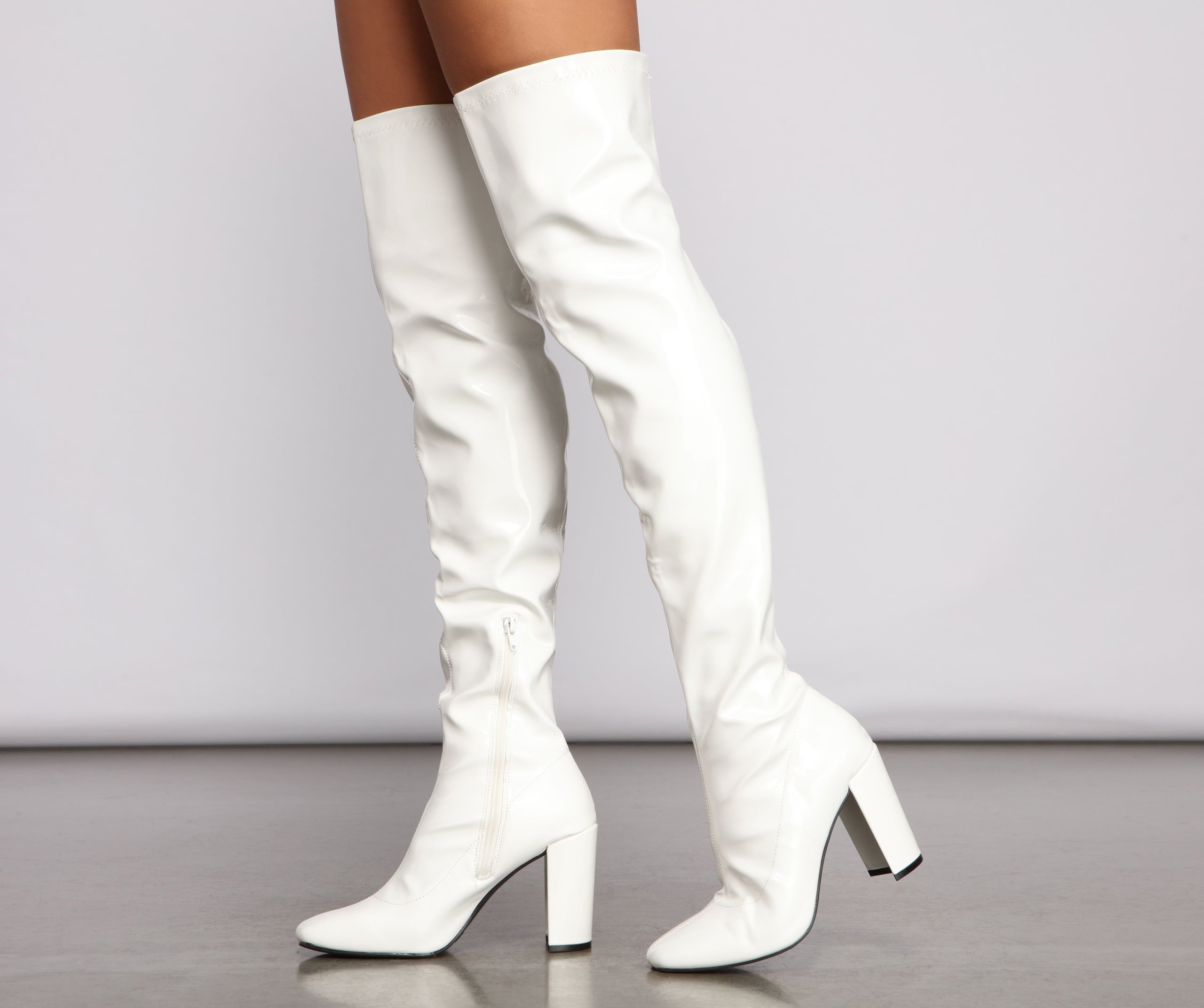 Level Up Faux Patent Leather Thigh High Boots