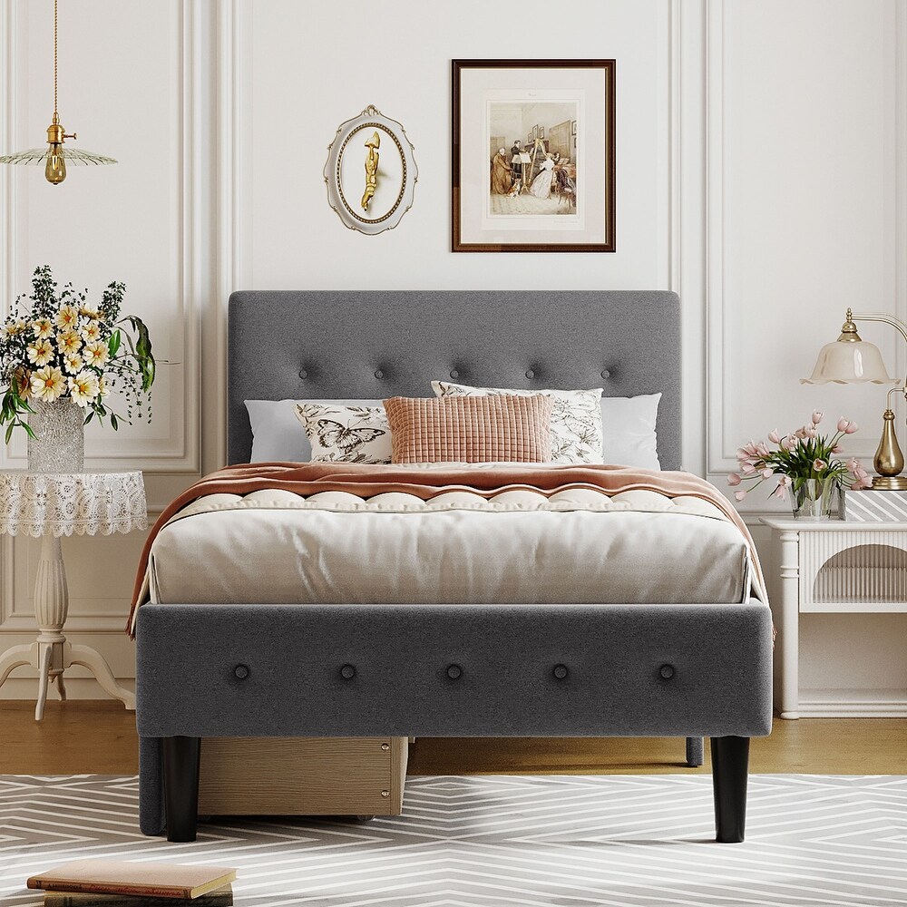 Solid   Sturdy Twin Size Upholstered Platform Bed with 2 Drawers