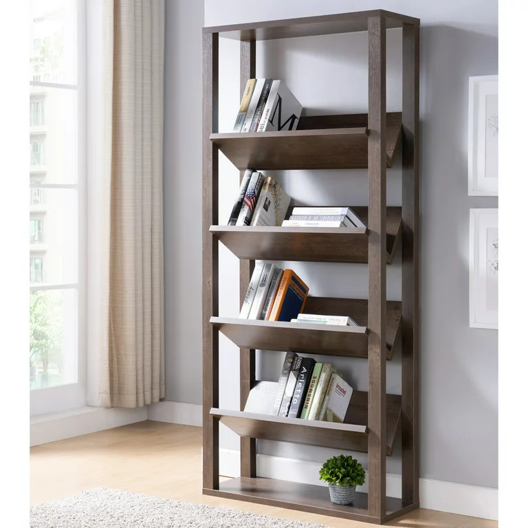 Transitional Bookcase  Unique Design With 4 Angled Open Shelves  Walnut Finish   Transitional   Bookcases   by Decorn  Houzz