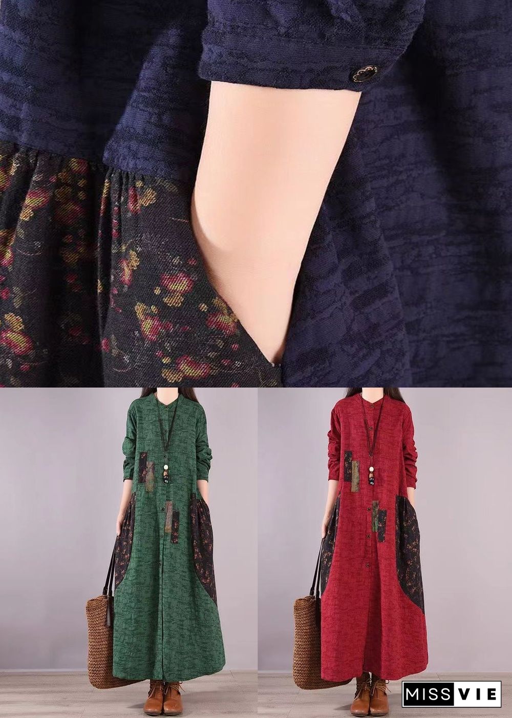 Vintage Green Stand Collar Print Patchwork Cotton Shirts Dresses Fall