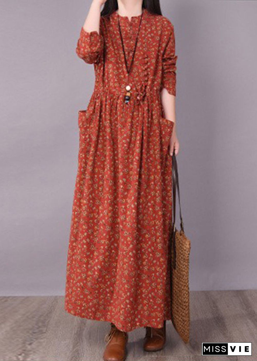 Brick Red Cinched Print Linen Long Dress Long Sleeve