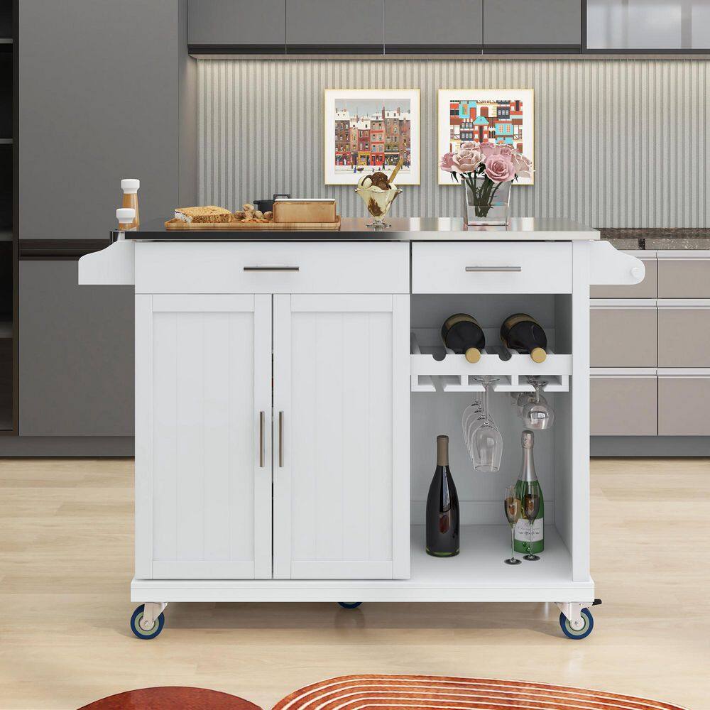 Nestfair 51 in. W White Kitchen Island with Stainless Steel Top and Storage Cabinet CKK5114W