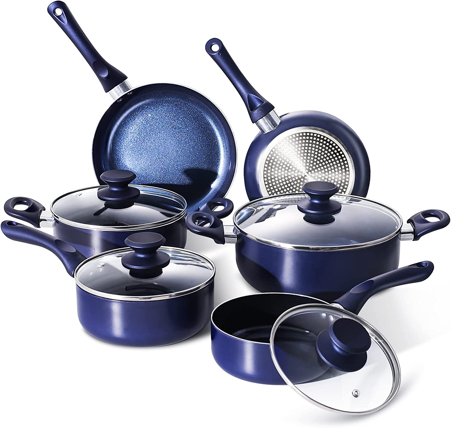 6 Pieces Pots and Pans Set,Aluminum Cookware Set, Nonstick Ceramic Coating, Fry Pan, Stockpot with Lid, Blue