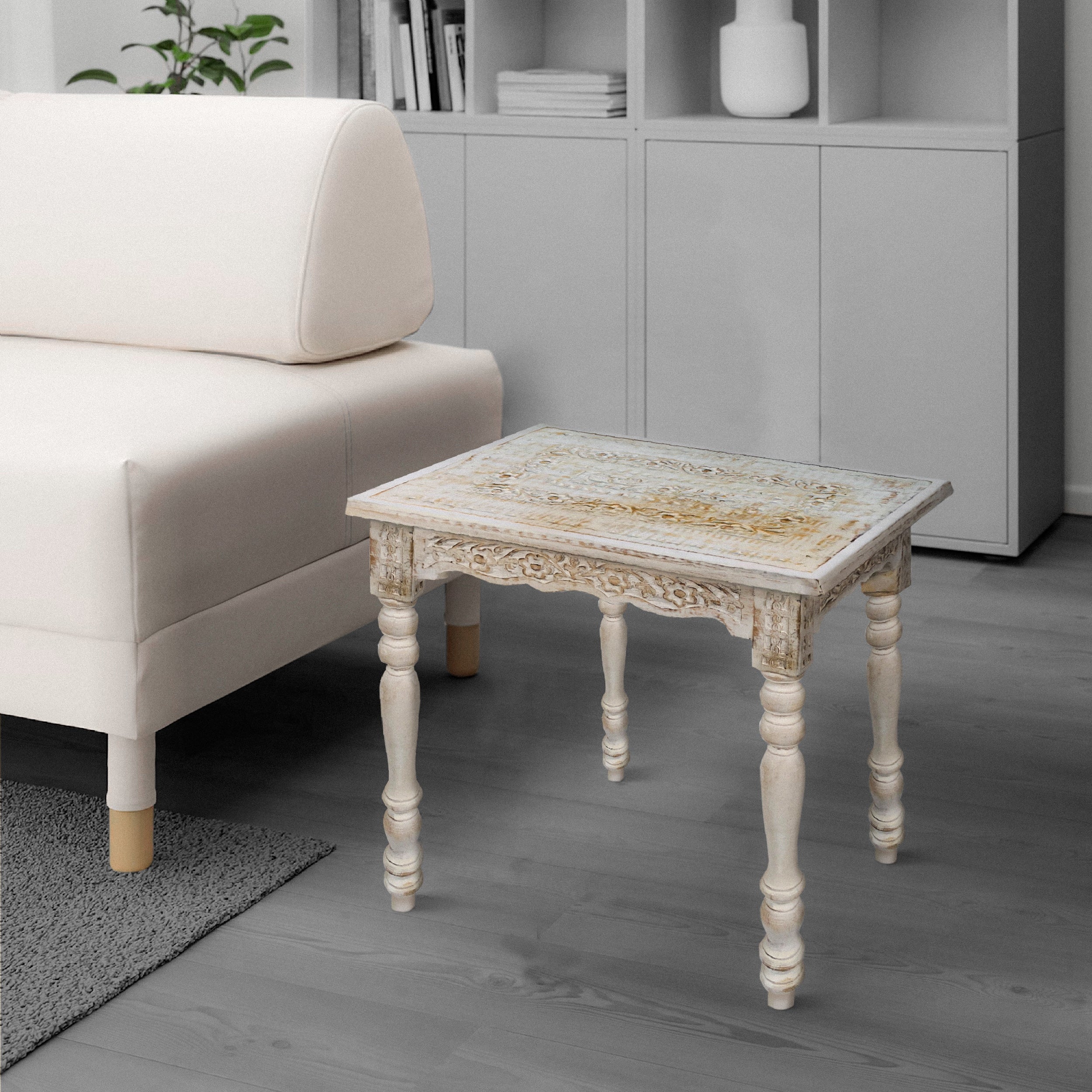 Wooden Side Table with Carved Rectangular Top and Turned Legs， Antique White