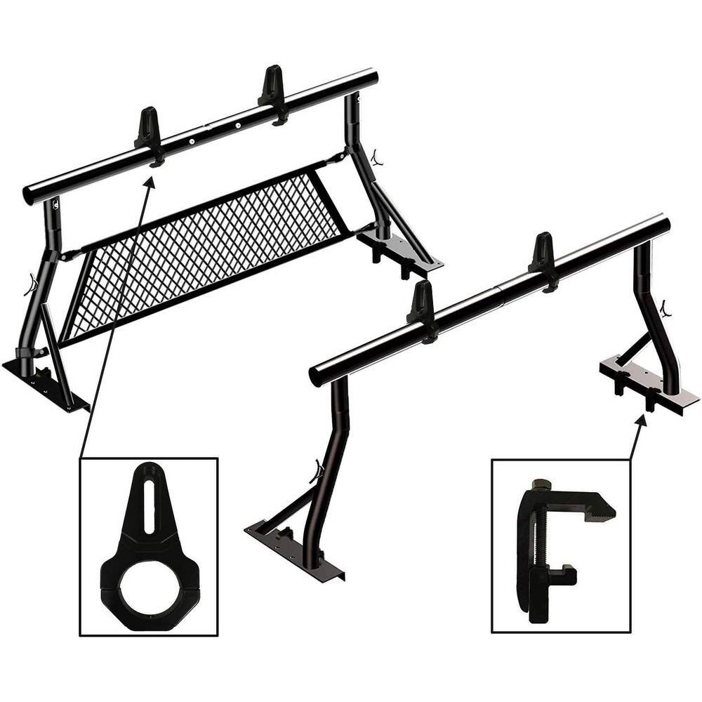 CALHOME 800 lbs. Universal Pickup Truck Ladder Rack 2 Bars w Mounting Clamps Load Stops Window Protector (27-34 in.) =%WProtect+New-PU-Flat+Clp-K(8)+Stop01