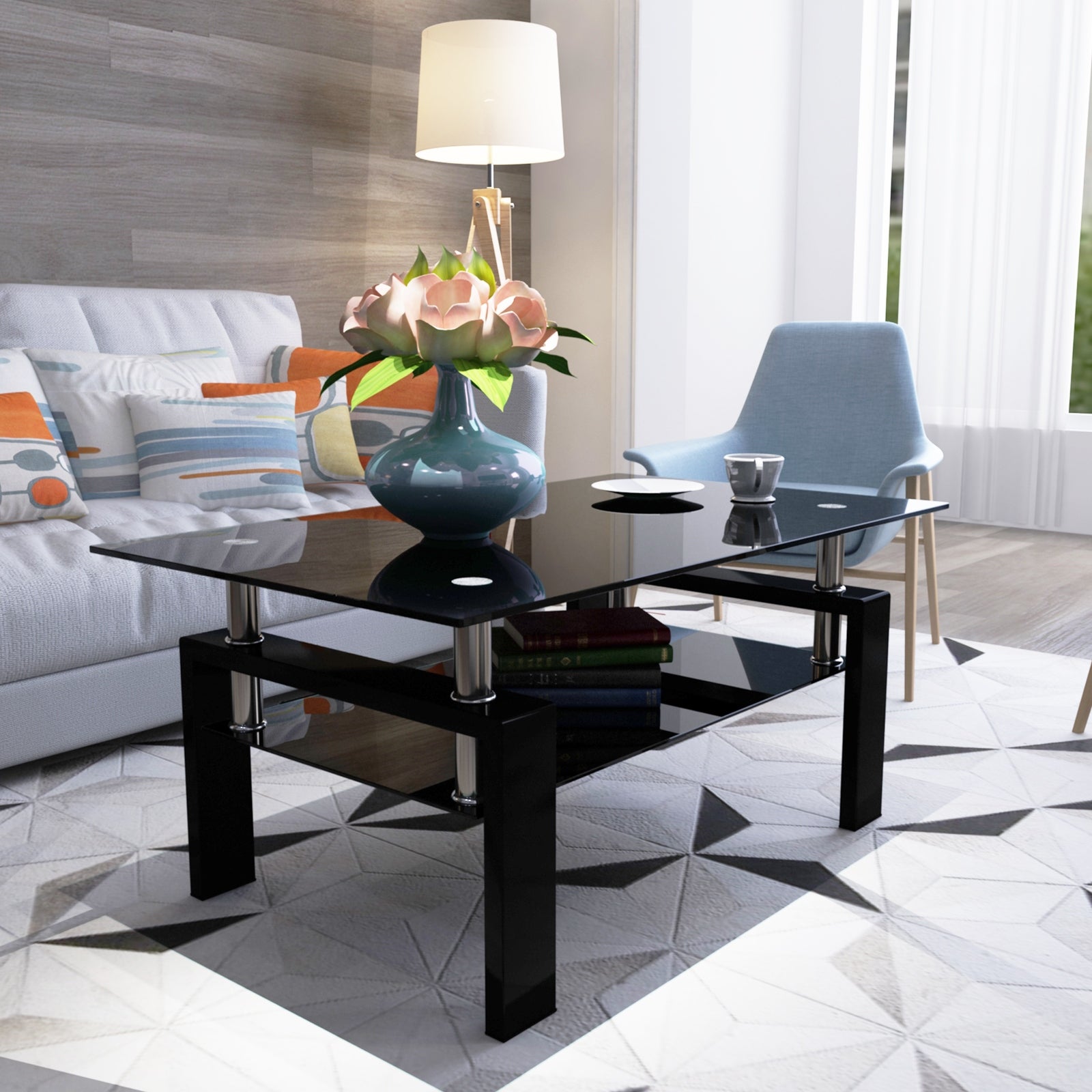 Rectangle Black Glass Coffee Table， Clear Coffee Table，modern Side Center Tables For Living Room， Living Room Furniture