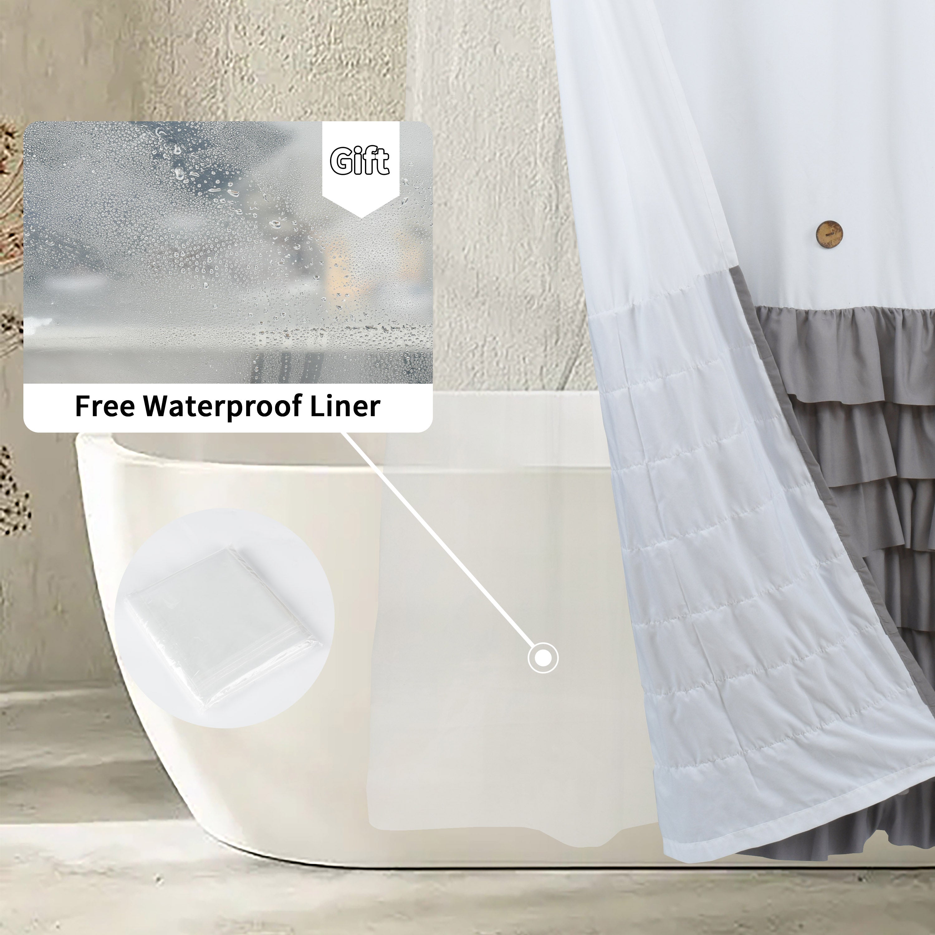 HIG Farmhouse Shower Curtain with PEVA Liner Bathroom Curtain with Buttons Decor, 72