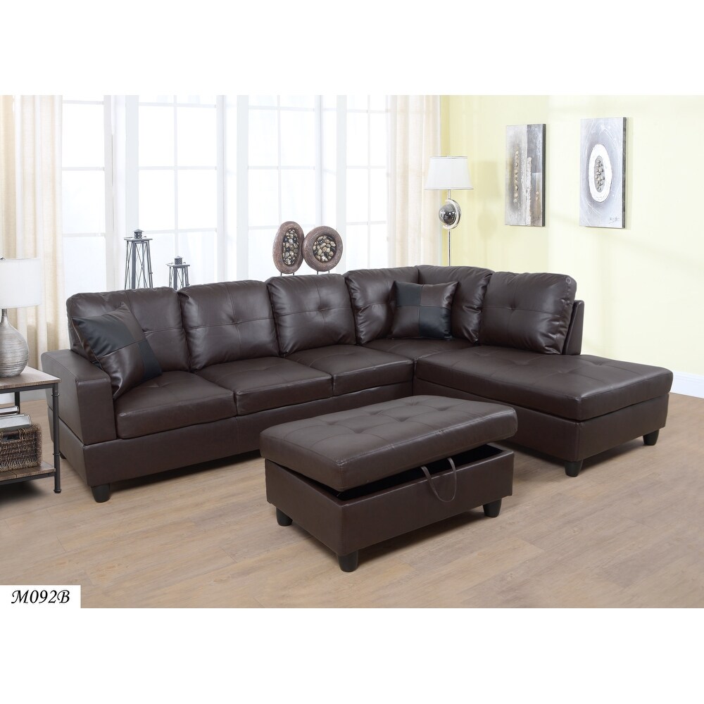 3 PC Sectional Sofa Set  Faux Leather Right  Facing Sofa with Free Storage Ottoman