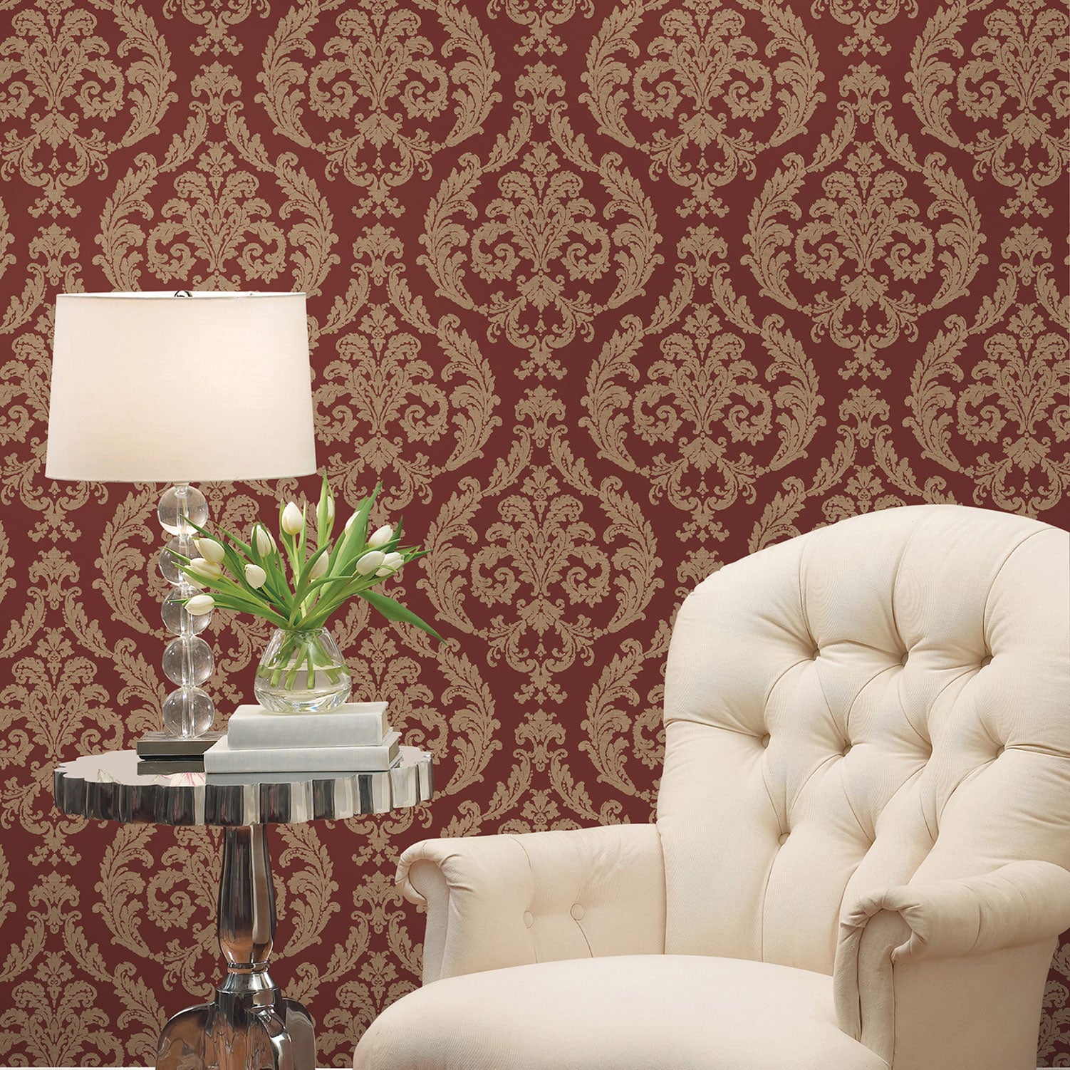 Traditional Damask Red/Gold Wallpaper from the Palazzo Collection