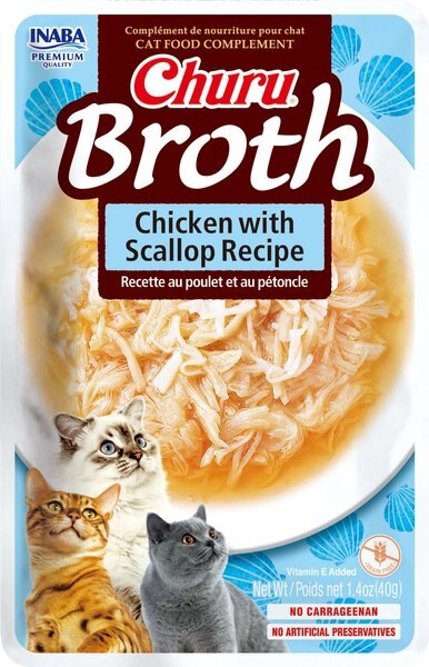 Inaba Churu Broth Chicken with Salmon and Scallop Recipe Grain-Free Lickable Cat Treats， 1.4-oz tube