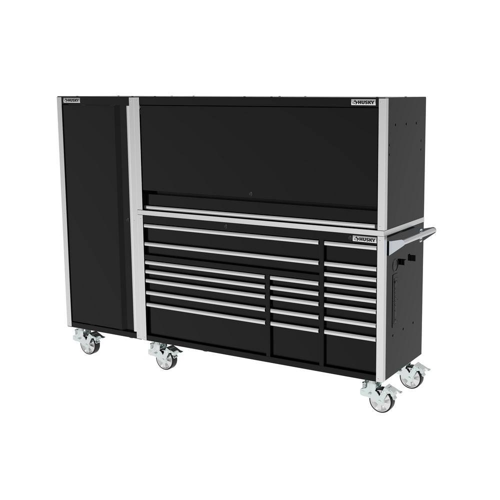 Husky 72 in. W x 24.5 in. D Professional Duty 20-Drawer Mobile Workbench Combo w Side Locker and Top Hutch in Gloss Black HPROSUITE2