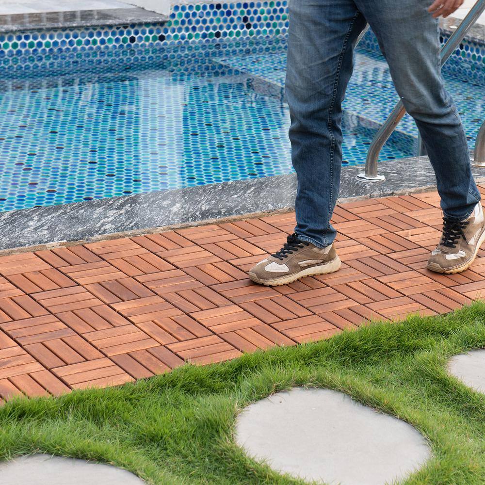 GOGEXX 12 in. x 12 in. Outdoor Checker Pattern Square Wood Interlocking Flooring Deck Tiles in Brown (Pack of 30 Tiles) DG-30B69