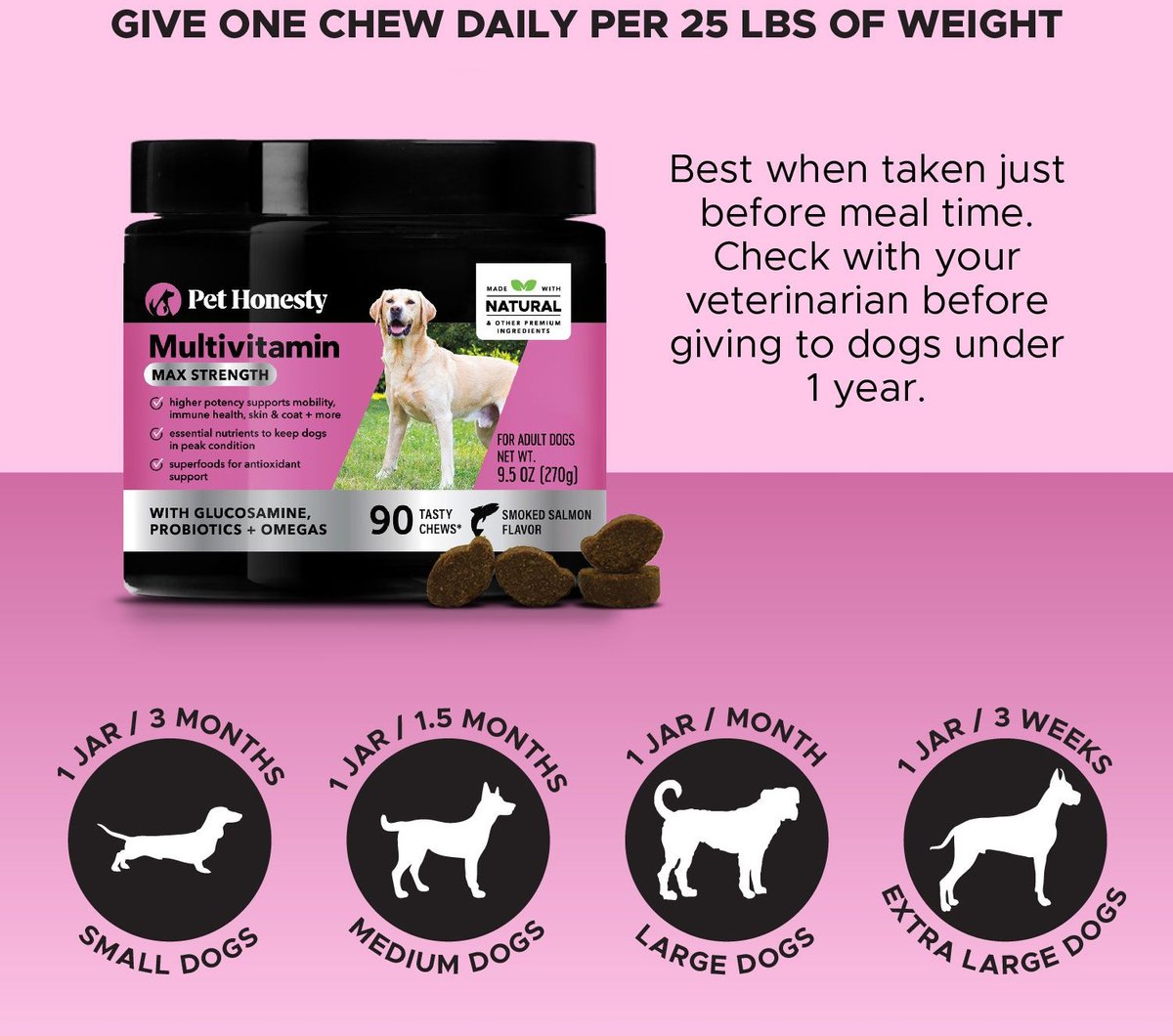 PetHonesty Multi Vitamin Max Strength Smoked Salmon Flavored Soft Chews All-In-One Vitamin Dog Supplement， 90 count