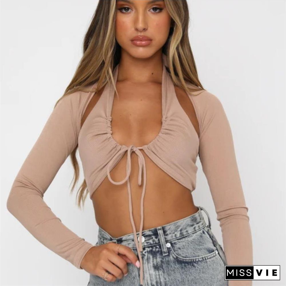 Women Knitted Cropped Top Drawstring Low-Cut Halter Camis Long Sleeve Covers Ribbed Stretch Streetwear