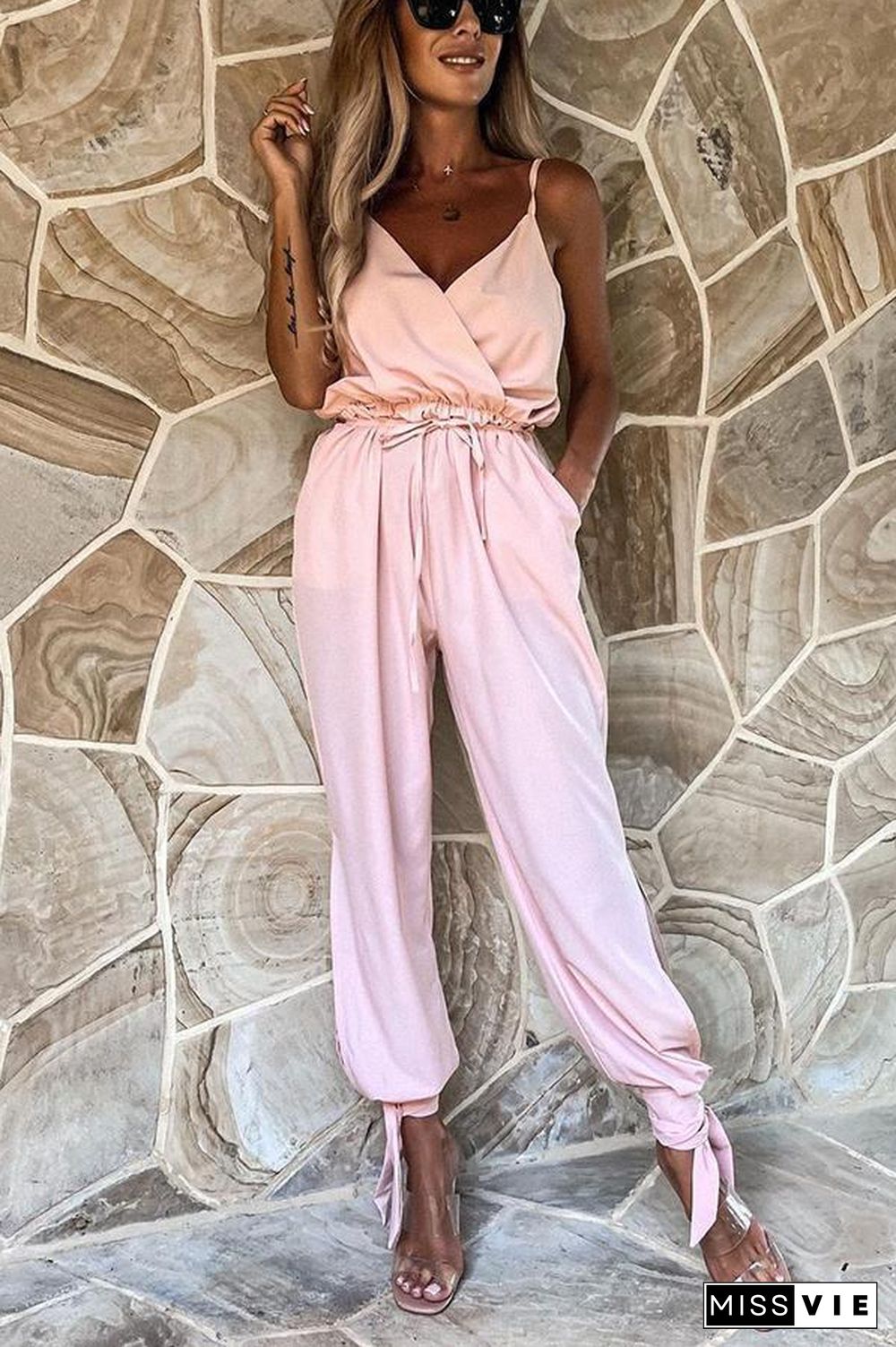 Beyond The Sea Pocketed Satin Wrap Jumpsuit