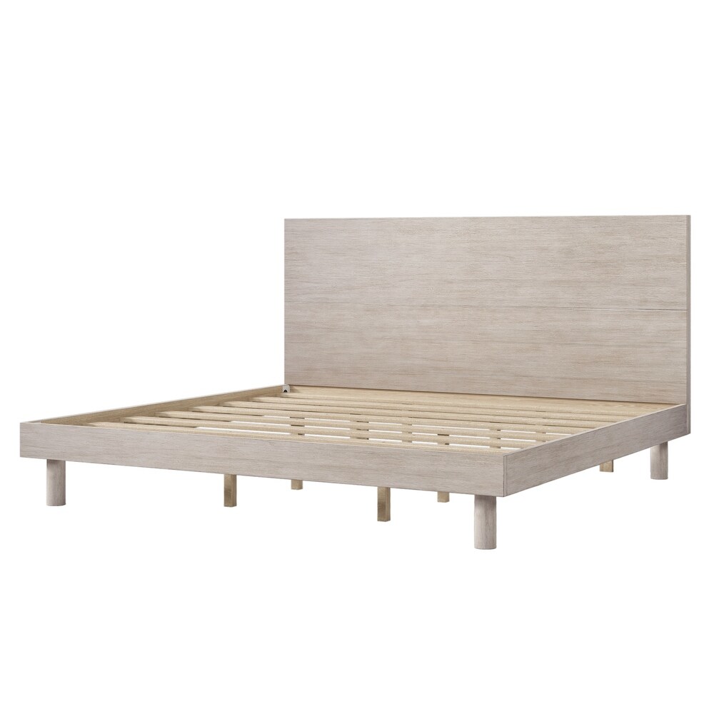 King Size Platform Bed  Modern Platform Bed Frame with Solid Wood Grain Headboard  8 Wooden Slats Support  No Box Spring Needed