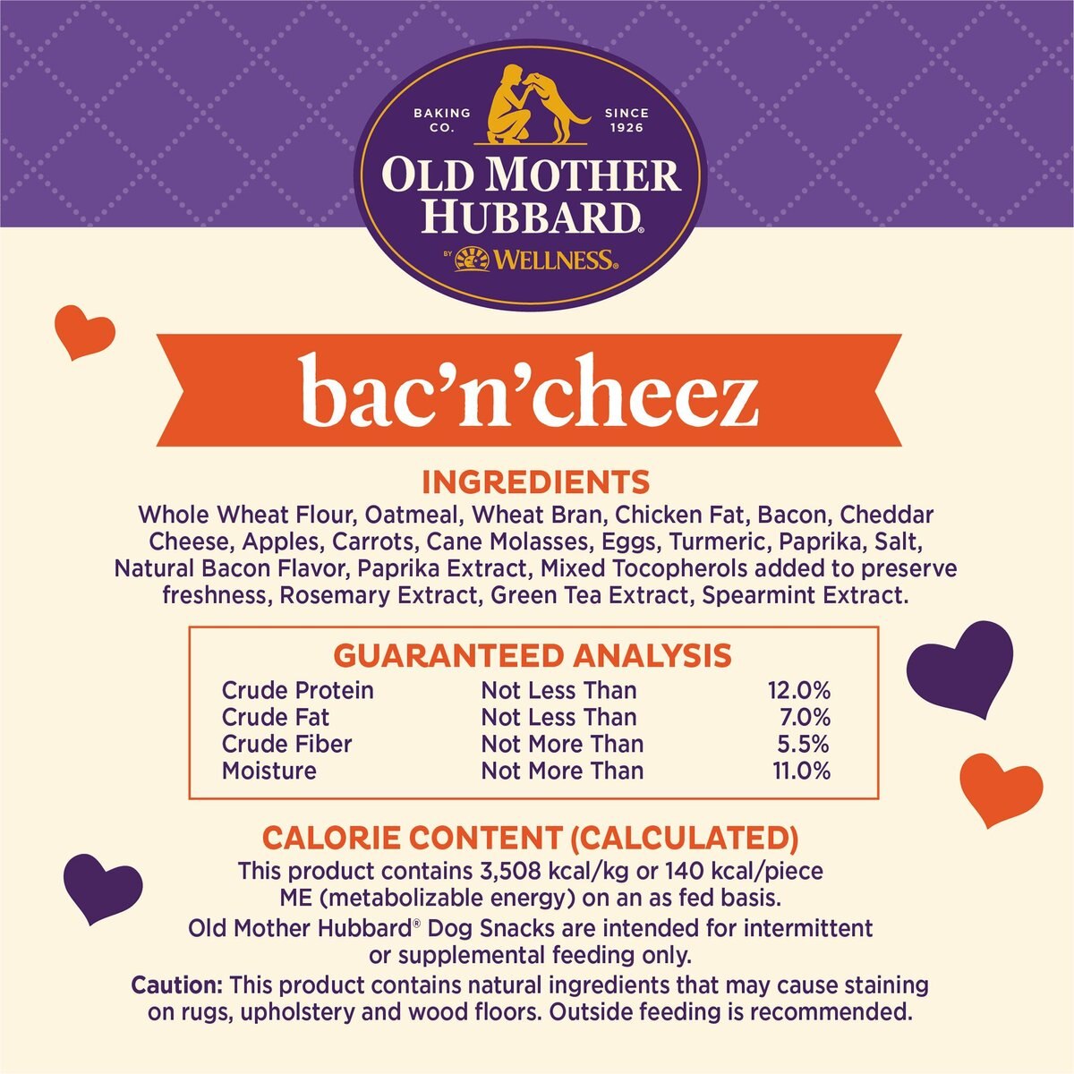 Old Mother Hubbard by Wellness Classic Bac'N'Cheez Natural Large Oven-Baked Biscuits Dog Treats， 3.3-lb bag