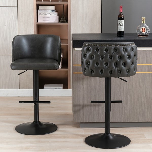 Gray PU Upholstered Swivel Bar Stools Adjustable Seat Height Set of 2