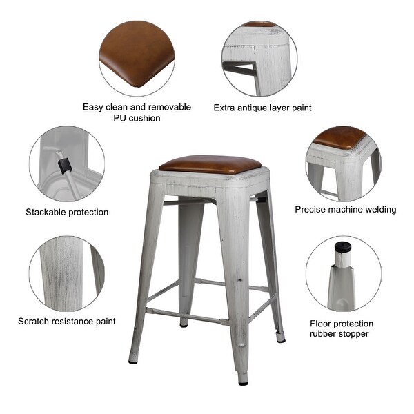 24 inch backless Metal Stool with Leather Cushion seat-Set of 2