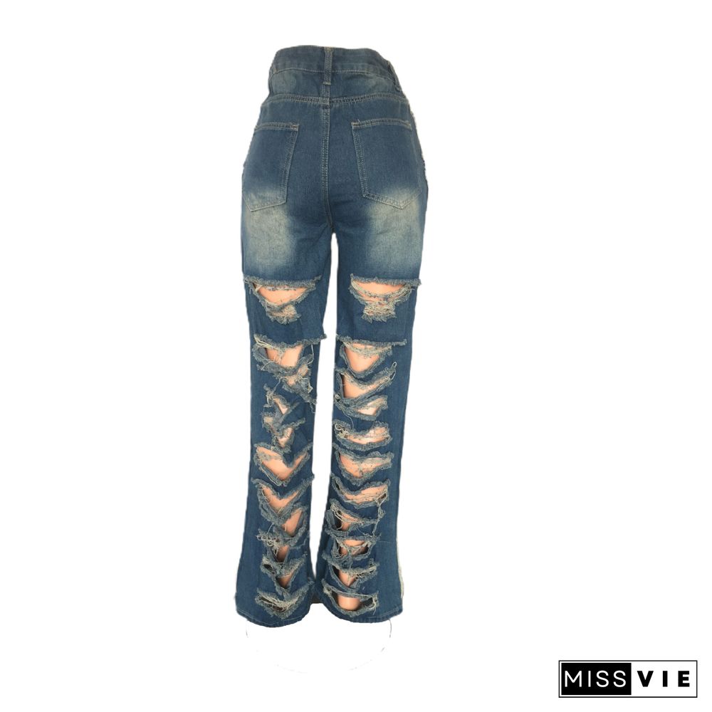 Streetwear High Waist Ripped Holes Jean Pants