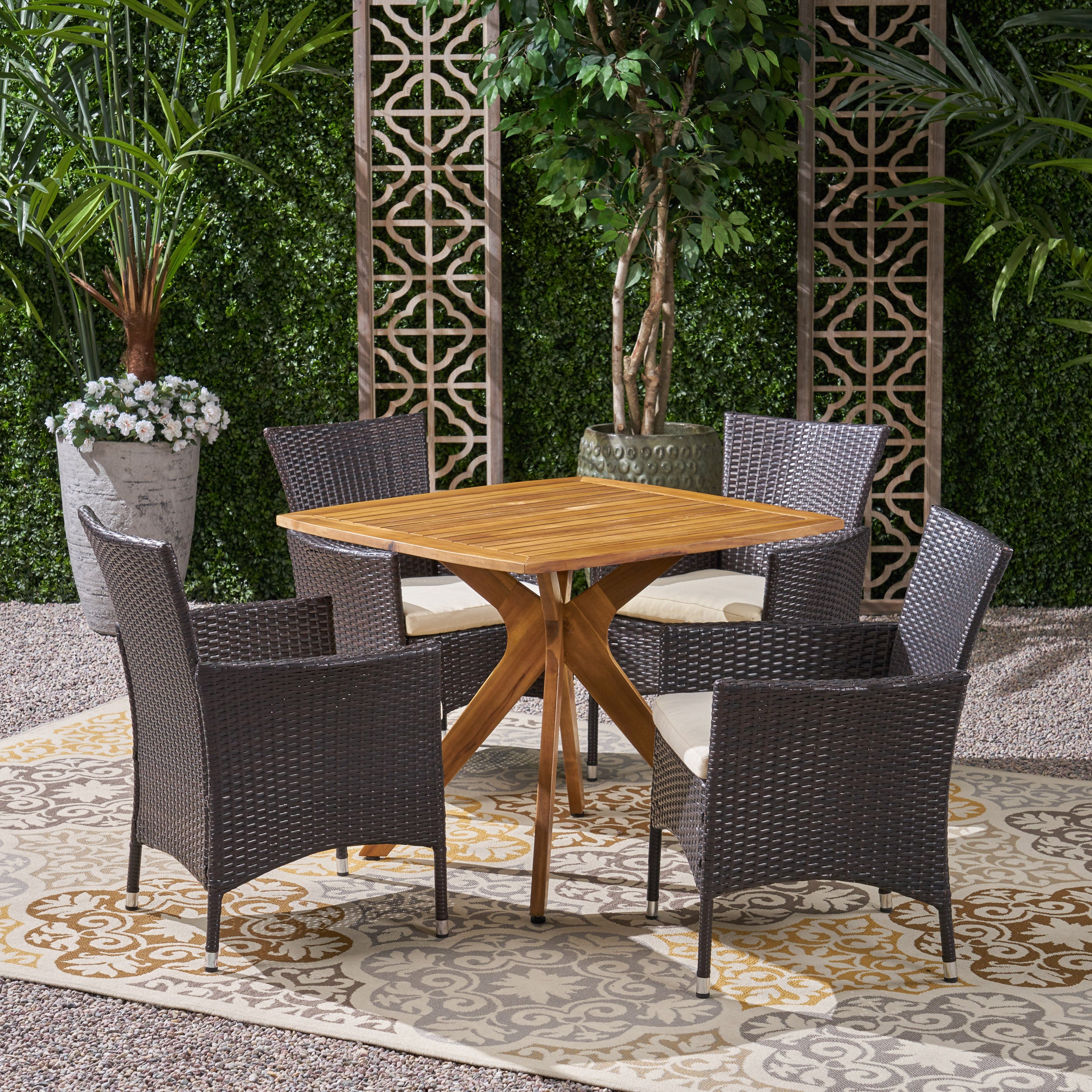 Mai Outdoor 5 Piece Wood and Wicker Dining Set