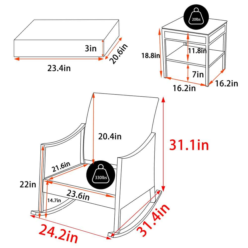 VEIKOUS Dark Brown 3-Piece Patio Wicker Outdoor Rocking Chair Set with Orange Cushions and Pillows HW007-1