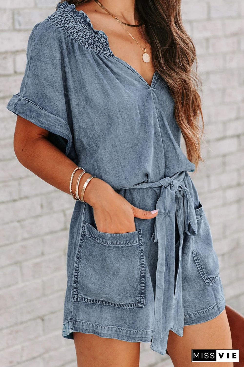 Street Solid Make Old V Neck Short Sleeve High Waist Loose Denim Jumpsuits