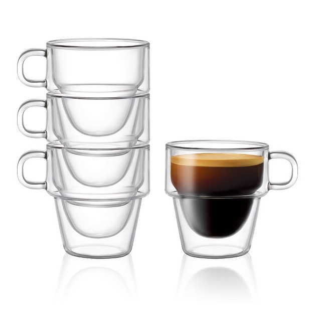 Joyjolt Stoiva Double Walled Espresso Glass Cups Set Of 4 Stackable Shot Mugs With Handle 5 Oz